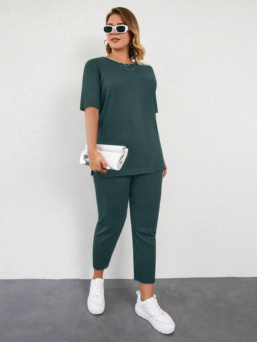 EURMUSE 大尺碼夏季坑條紋短袖上衣配錐形褲適用於外出穿著 - 墨綠色 - 查看 1