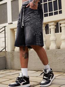 ROMWE MEN Street Life 男士闪亮水钻装饰宽松阔腿牛仔短裤休闲裤