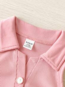 SHEIN 2pcs/Set Girls Fashionable Polo Collar Rib Knit Tank Top + White Shorts With 3D Flower, Cute Pink, Suitable For Outdoor - Pink - View 5