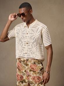 AKNOTIC 男士针织钩编棕榈树图案休闲宽松短袖针织衫，杏色适合夏季、度假、日常搭配、派对、情侣装、男士礼物、海滩、父亲节礼物