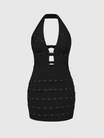 Grunge Punk Sommerliches Strandkleid, Abschlussball, Ostern Kleid für Damen, Konzert, Nashville Urlaub, Musikfestival, Rock, Nieten, Strass-Band, ärmelloses rückenloses tiefes V-Ausschnitt sexy schwarzes Mini-Kleid für Damen