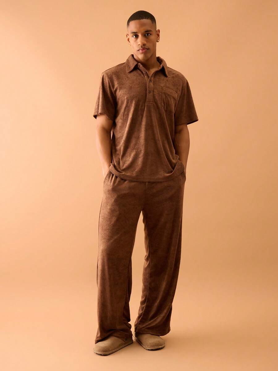 Musero Elasticated Straight Leg Towelling Trousers Summer Streetstyle Vacation Smart Casual - Brown - View 1