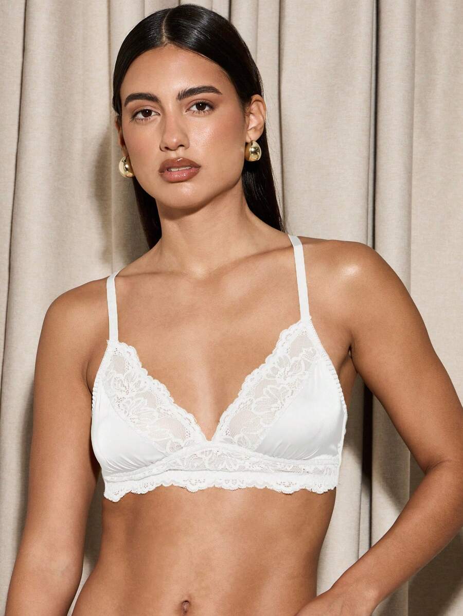 AiiRZ 舒适蕾丝贴花三角形文胸软杯无钢圈内衣透明网眼细节可调节肩带婚礼新娘蜜月日常必备 - 白色 - 查看 1