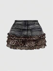 ROMWE Grunge Punk [Gyaru] Y2K 涉谷女孩豹纹性感低腰大码牛仔泡泡袖半身裙，适合音乐节