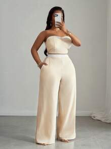 Slaydiva 2pcs Plus Size Fashion Set, Bandeau Top And Long Pants, Suitable For Summer - Apricot - View 8