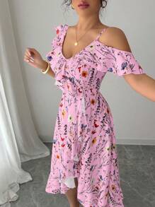 Elenzga Váy in hoa xếp nếp bất đối xứng thanh lịch dành cho nữ - Hồng - Xem 5