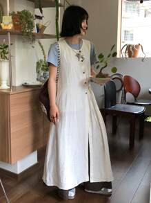 FRIFUL Đầm maxi dài màu trơn cài một hàng khuy dành cho nữ, chất liệu vải lanh. - trắng - Xem 7