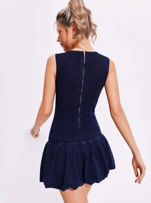 Flexra Vestito di jeans casual da donna, con collo rotondo, senza maniche, con orlo plissettato