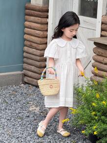 SHEIN Young Girls' Casual Beige Color Large Lapel Dress - White - View 6