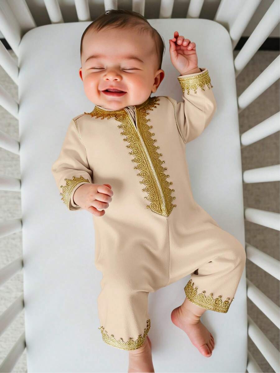 SHEIN Traditional Knit Collar Long Sleeve Jumpsuit Set, Casual & Versatile For Baby Boys And Girls - Khaki - View 1