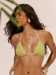Musera Resort Triangle Lace Tie Detail Tie Bikini Top Spring, Summer, Ibiza, Holiday, Cute, Romantic, Festival, Vacation Beachwear, Beach Unearthly - Multicolor - View 1