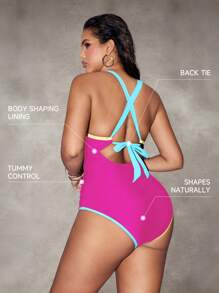 Shapewave Traje de baño de una pieza con control de barriga y tirantes de bloques de color para mujeres