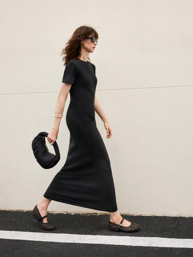 Women's Solid Color Round Neck Short Sleeve Side Hollow Waist Fashionable Dress