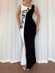 Chiquease Women's Elegant Pleated Patchwork Long Dress - Black and White - View 7