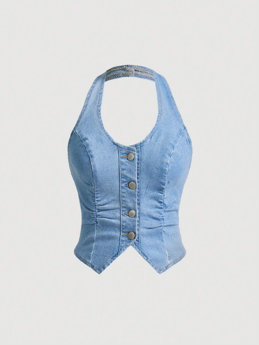 SHEIN MOD Y2K 风格蓝色弹性短款牛仔挂脖露背吊带背心