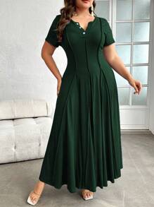 Mulvari Plus Button Neckline Press Crease Detail Short Sleeve Dress, Maxi Dress For Beach, Party, Summer, Casual, Vacation And Dating