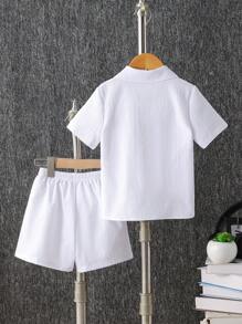 SHEIN Explorewe 2pcs Young Boy Summer Casual Solid Color Polo Shirt And Shorts Set, Suitable For Summer Vacation Outfit, School, Campus, College Summer Holiday - White - View 2