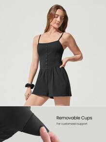GLOWMODE 2.5" FeatherFit™-Air Power Princess Side Pockets Buttons Removable Cups Square Neck Pleated Romper Low Impact Daily Casual Wear - Black - View 3