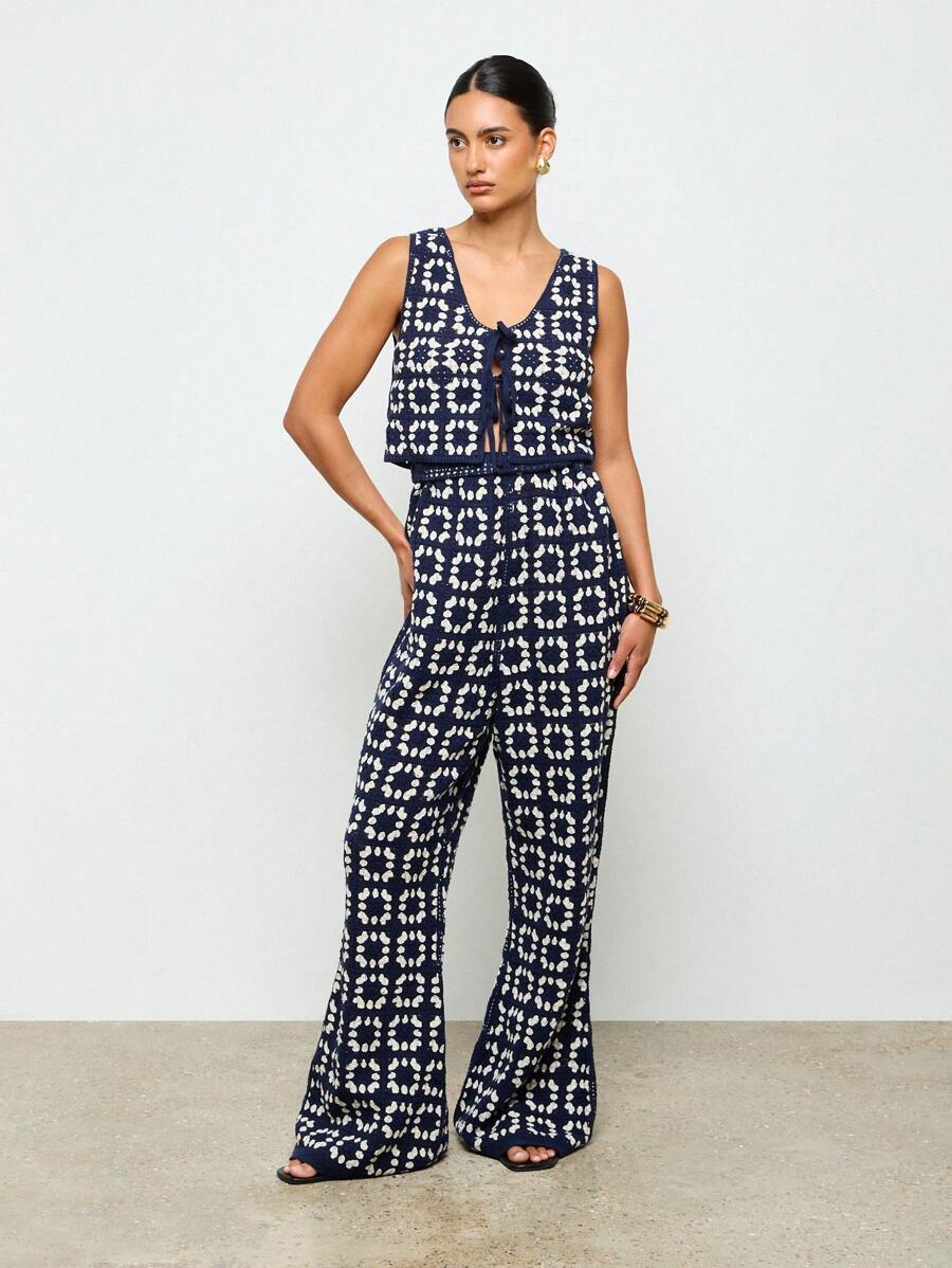 AiiRZ Crochet Knit Waistcoat And Flared Trousers Set