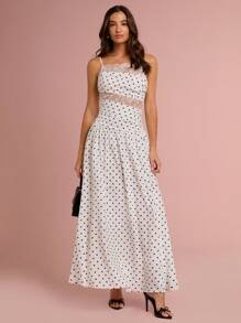 Enchnt Women's White With Black Polka Dots Summer Elegant Party Dress,Retro Lace Patchwork Hollow Spaghetti Straps Maxi Sun Dresses For Vacation&Wedding - White - View 3