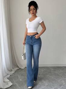 Elenzga 女士时尚休闲高腰修身喇叭牛仔裤 - 中等水洗藍 - 查看 5