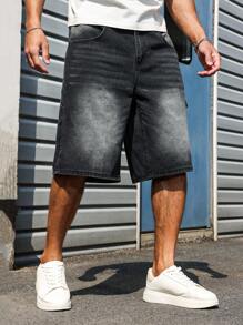 Manfinity Homme 男士口袋宽松休闲百搭牛仔短裤 - 黑色 - 查看 6