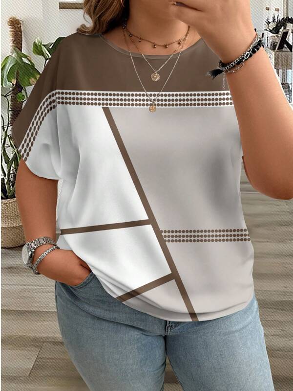 EMERY ROSE Casual Patchwork Pattern Round Neck Short Sleeve Shirt For Plus Size, Spring Autumn, For Summer