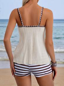 Swim Lushoire Summer Vacation Elegant Bohemian Loose Comfortable Wave Textured Fabric Women Vest Tank Top And Burkini Set - Beige - View 2