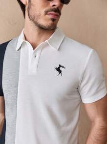 HIMLAND Men's 2pcs Knitted Color-Block Pattern Printed Casual Polo Shirt And Mid-Waist Straight Shorts Set, Suitable For Summer, Old Money - Multicolor - View 3