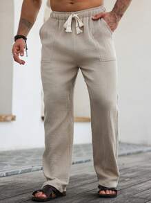 Manfinity RSRT Men's Drawstring Waist Casual Patched Pocket Loose Pants, Drawstring Waist Straight Leg Pants, Plain Vacation Slacks Pants, For Daddy & Husband, Boyfriend Gifts, Fall - Khaki - View 6