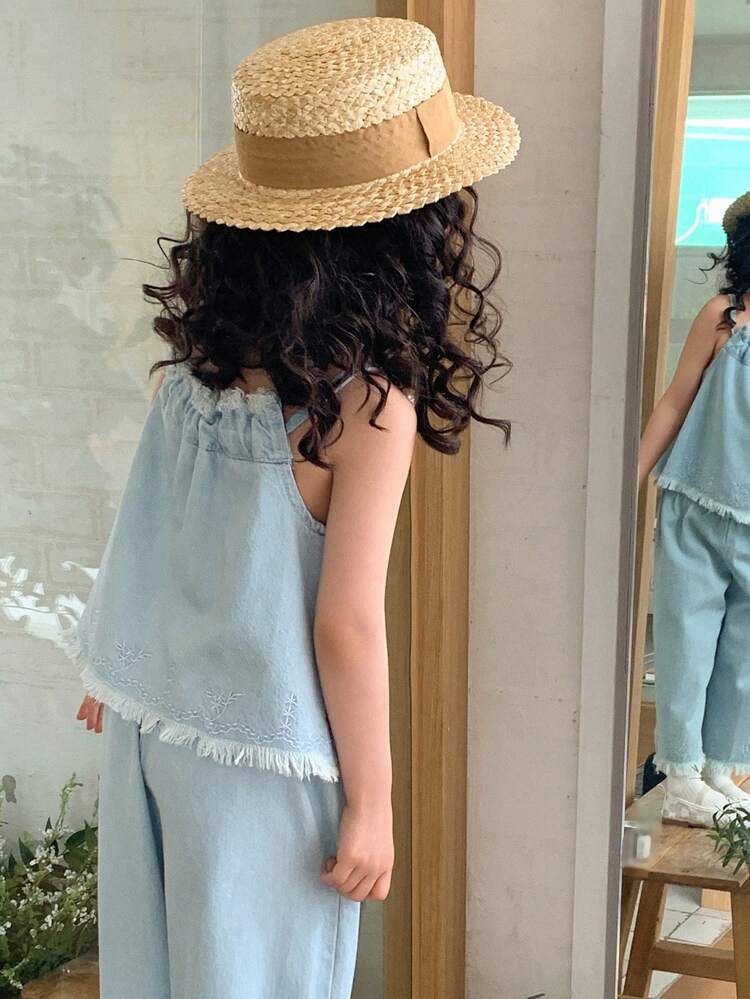 Young Girls Denim Top With Tie Detail And Denim Pants, Casual Denim Outfit For Summer