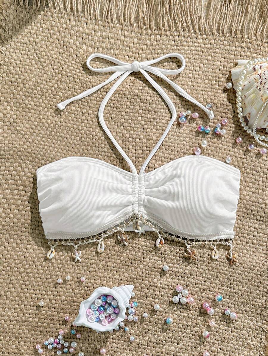 Swim Vcay 1 件女式春假露背性感泳衣上衣，采用带有流苏海洋元素的纹理面料制成，休闲舒适，适合海滩度假