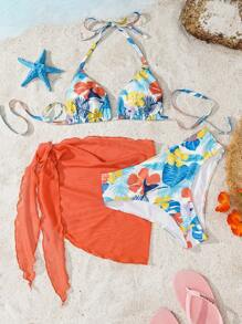 Shark Week X SHEIN Summer, Women's Bikini Set, Sexy, Bikini Three Pieces Set, Seaside Vacation, Mesh, Lace-Up Bikini, Leaf Plant Pattern, Versatile, Daily, Y2K - Blue - View 6