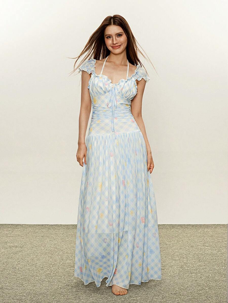 Rina Fox 浅蓝色复古格子花卉印花浪漫挂脖褶饰连衣裙 - 淺藍色 - 查看 1