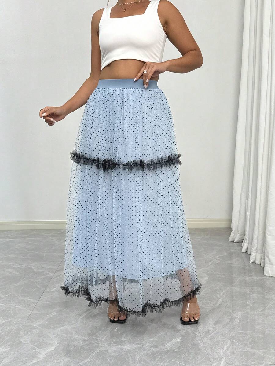 Elenzga Saia Evasê com Babados em Tule de Bolinhas Plus Size para Verão - Azul - Visão 1