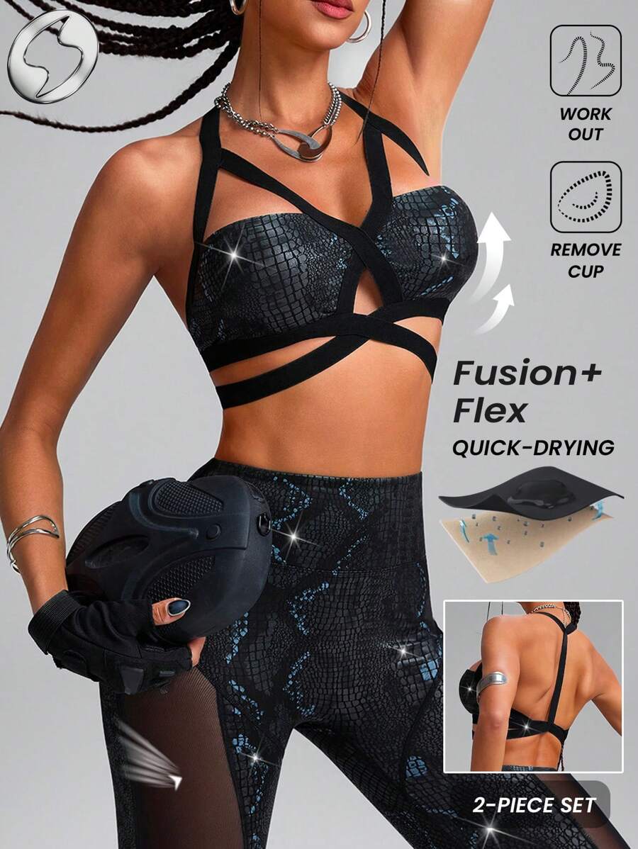 Innovista Seturi sport 2 în 1 pentru femei, sutien sport și colanți cu imprimeu folie, top și pantaloni sport din piele ecologică și luciu metalic, ținute antrenament 2 piese, plasă respirabilă cu motive animale, decupată și elastică pentru fitness, seturi sport pentru femei, petrecere, dans, sport electric, yoga, pilates, alergare, cardio, ieșiri în oraș, sport, activități în aer liber, drumeții, trekking, traseu, Y2K, echipament de toamnă, bikini, costum de baie, aspect vag Fusion+Flex, șic utilitar - Multicolor - Vizualizare 1