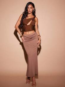 Hauture 1 件女式交叉绳针织背心，纹理面料，弹性，自然度假装，春夏季 - 棕色 - 查看 3