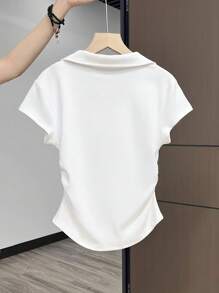 Women Bowknot Printed Turn-Down Collar Short Sleeve Ruched Casual T-Shirt - White - View 2