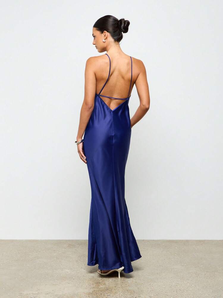 Satin Strappy Round Neck Sleeveless Low Back Detail Maxi Dress