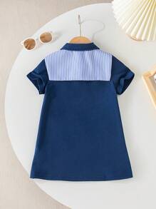 Baby Girls' Short-Sleeved Dress,Navy Blue And White Striped Shawl Design,Lapel Collar POLO Style,Summer,Cute,Back-To-School Casual Outfits - Multicolor - View 2