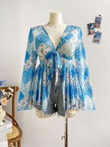 Soleia Damen große Größen Retro Blume Muster Patchwork Strick Mesh Offene Front Knotenaille Glockenärmel Top