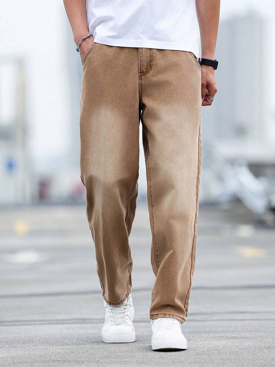 Manfinity Homme Men's Solid Color Pocketed Casual Fashion Flared Jeans - Brown - View 1