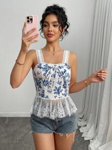 SHEIN Clasi Áo ba lỗ in hoa ren viền bèo nhún cho nữ, áo babydoll - Nhiều màu - Xem 1