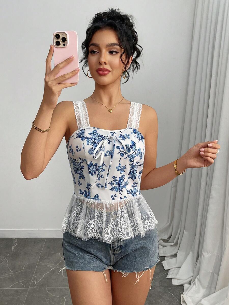 SHEIN Clasi Áo ba lỗ in hoa ren viền bèo nhún cho nữ, áo babydoll - Nhiều màu - Xem 1