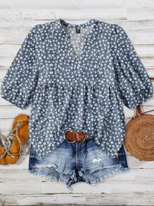 Linhara Blusa estampada con cuello en V para mujer de talla grande, conjunto de verano para mujer