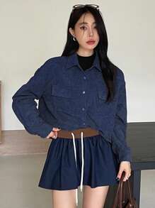 FRIFUL 女式海军蓝宽松灯芯绒口袋装饰短夹克 - 藏蓝色 - 查看 4