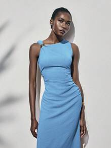 Lumivelle Summer Metal Circle Decor Waist Ruched Sleeveless Dress - Dusty Blue - View 7