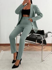 EURMUSE WOMEN ELEGANT SUIT SET WITH BUTTON DETAILED - Mint Green - View 4