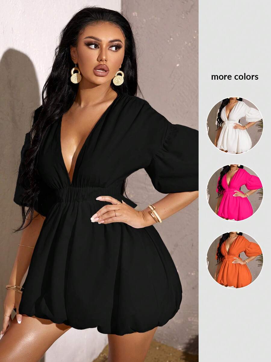 SHEIN SXY Summer Beach Deep V Neck Puff Sleeve Dress - Black - View 1