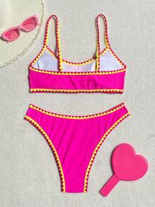 Swim Vcay 2pcs/Set Fuchsia & Yellow Contrast Color Shell Trim Adjustable Strap Women Bikini Set, Spring/Summer 2026